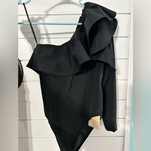 SHEIN Black One-Shoulder Ruffle Bodysuit